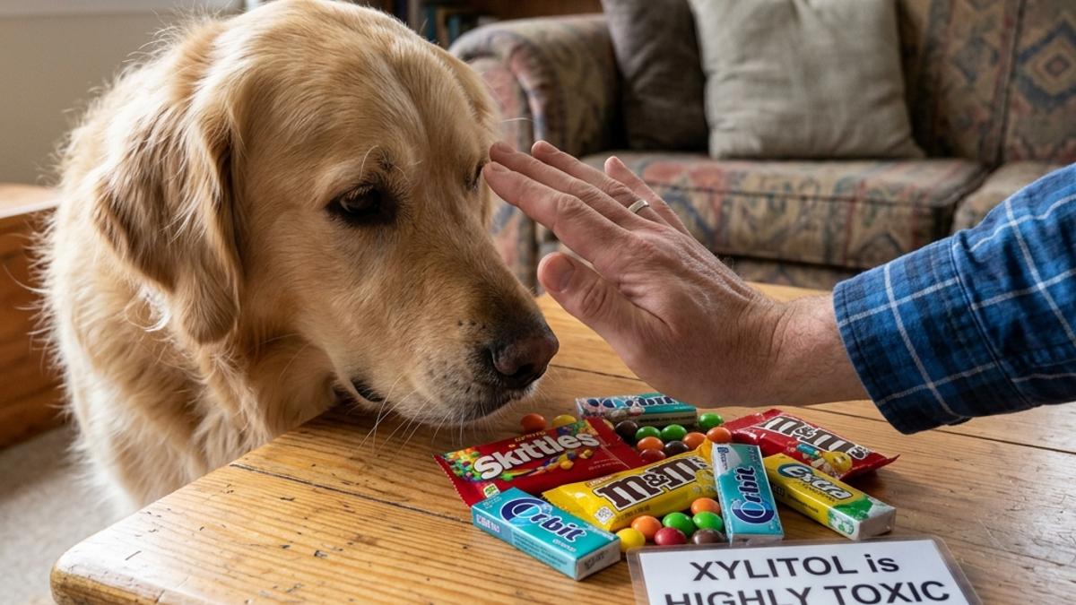 An owner's hand blocking a dog from reaching colorful candy and chewing gum with a warning card
