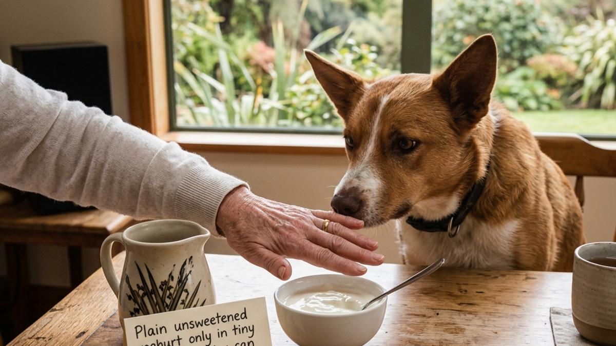 An owner's hand blocking a dog from a bowl of plain yoghurt with a warning card about dairy stomach upset