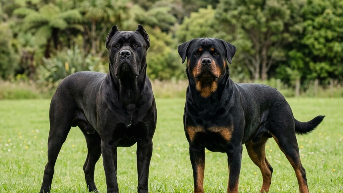 A powerful black Cane Corso dog and a strong black-and-tan Rottweiler dog standing side-by-side in a spacious New Zealand park