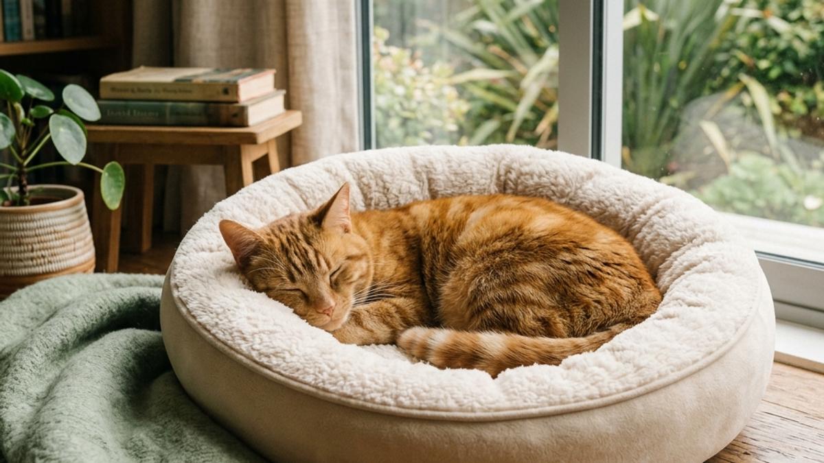 A happy cat curled up inside a soft donut cat bed in a warm, sunny New Zealand living room