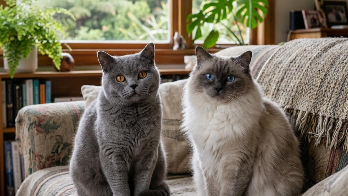 A British Shorthair cat and a Ragdoll cat sitting together on a patterned sofa in a New Zealand home