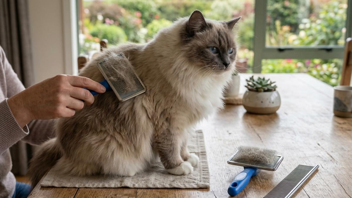 A comparison shot of slicker brushes and metal comb on a wooden table with Ragdoll cat being groomed