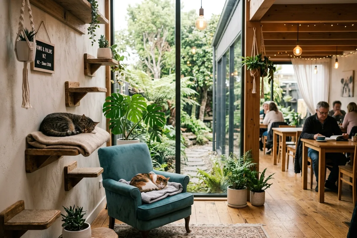 Cozy interior of a modern New Zealand cat cafe with relaxed domestic cats resting peacefully on climbing perches and a plush armchair