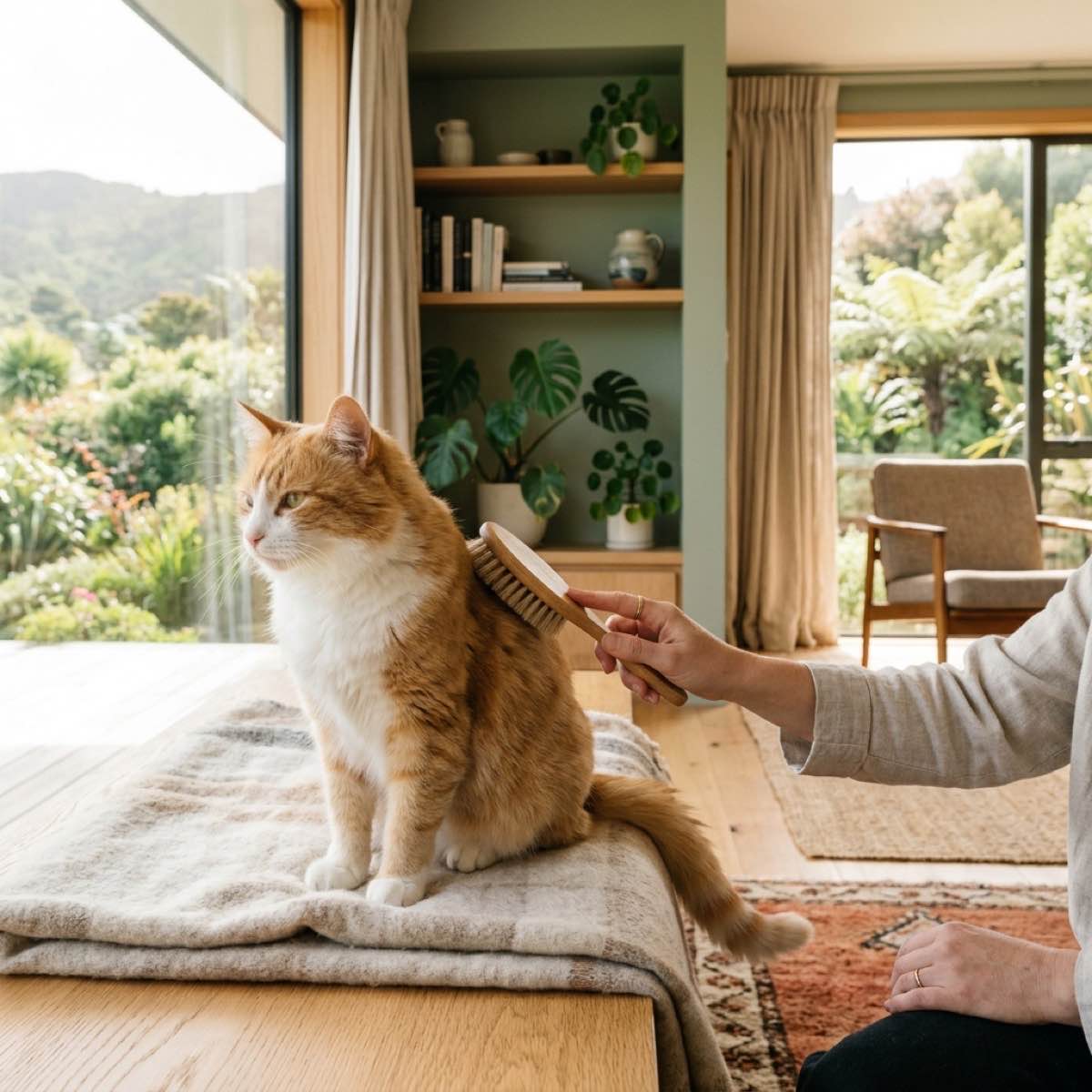 A healthy relaxed cat being gently groomed in a stylish New Zealand home