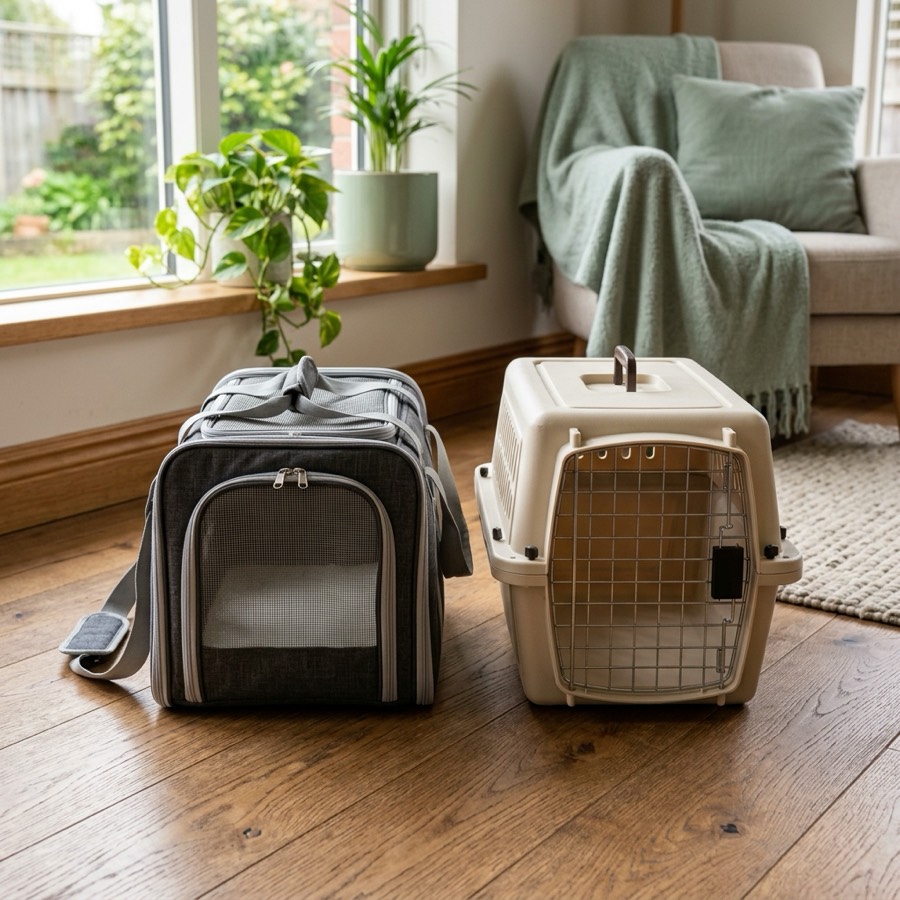 A soft fabric cat carrier and a hard plastic carrier sitting next to each other on a wooden floor