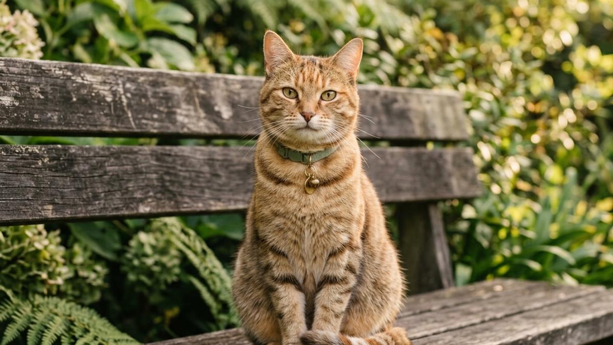 A happy domestic cat wearing a simple breakaway collar, sitting on a wooden garden bench in New Zealand