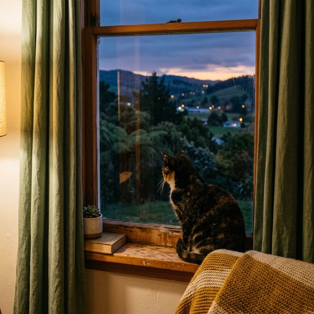 A cat looking out a window into the evening dusk from inside a cozy New Zealand home