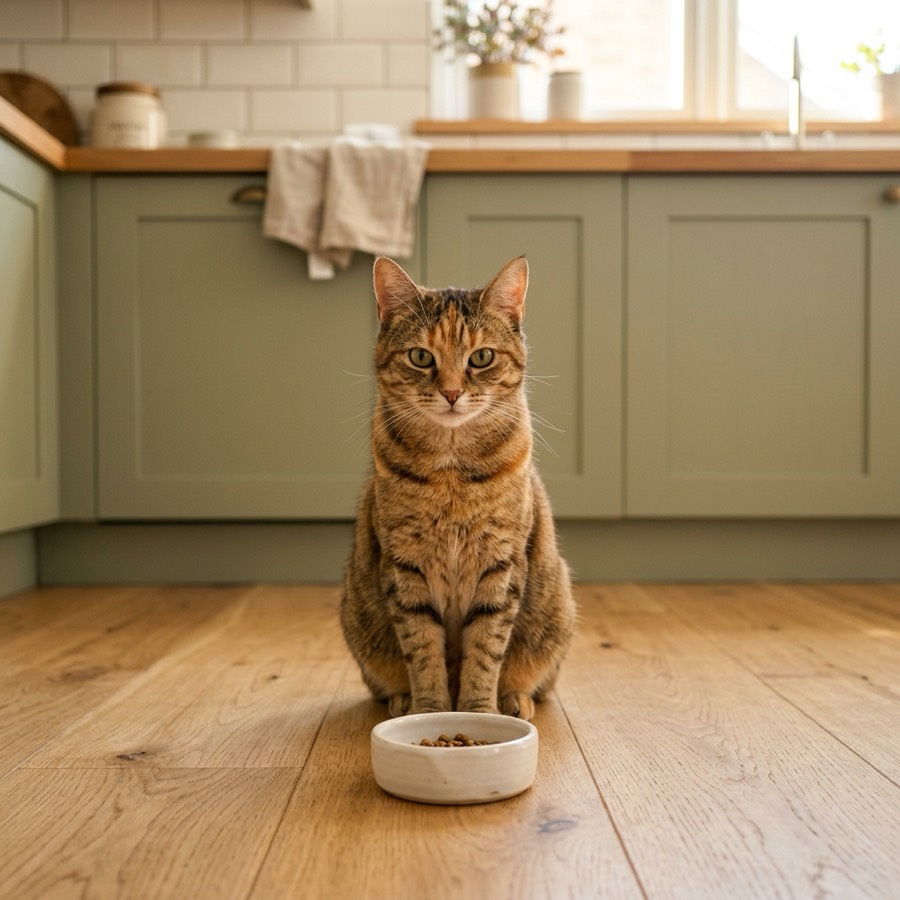 A healthy cat sitting calmly on a wooden floor next to a clean food bowl in a New Zealand kitchen