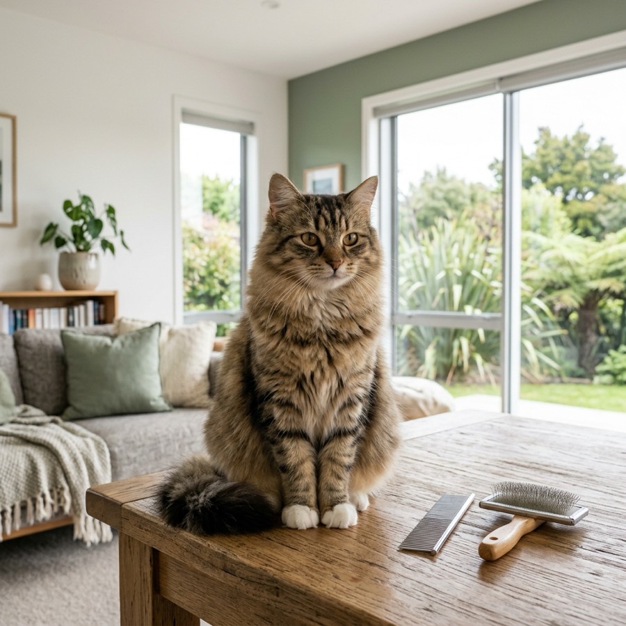 A fluffy long-haired cat sitting on a wooden table next to grooming combs in a sunlit room