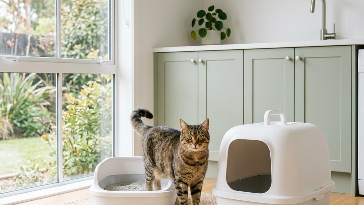 A happy domestic cat standing next to a modern open-entry and hooded cat litter box in a clean, bright New Zealand laundry room