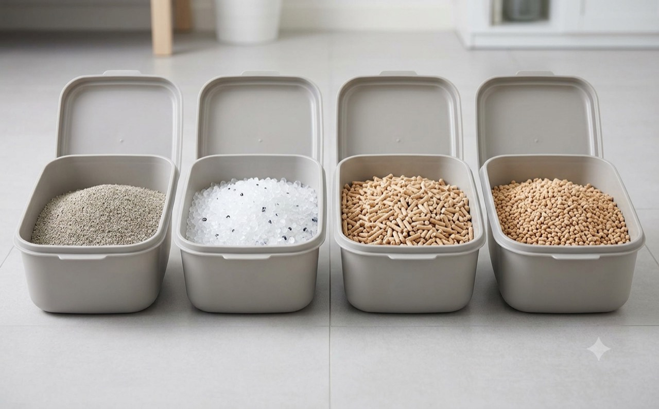 Different cat litter types in open trays: clumping clay, crystal and wood pellet