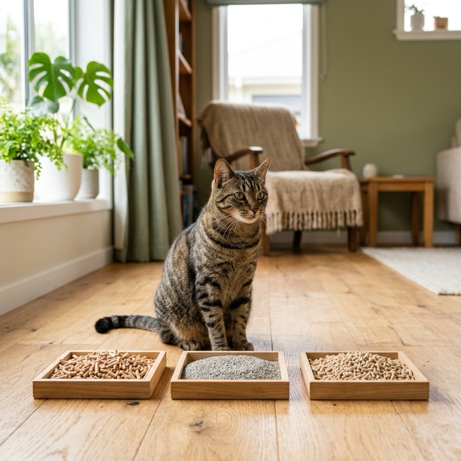 An elegant tabby cat sitting next to wood pine pellets, clumping clay, and tofu cat litters