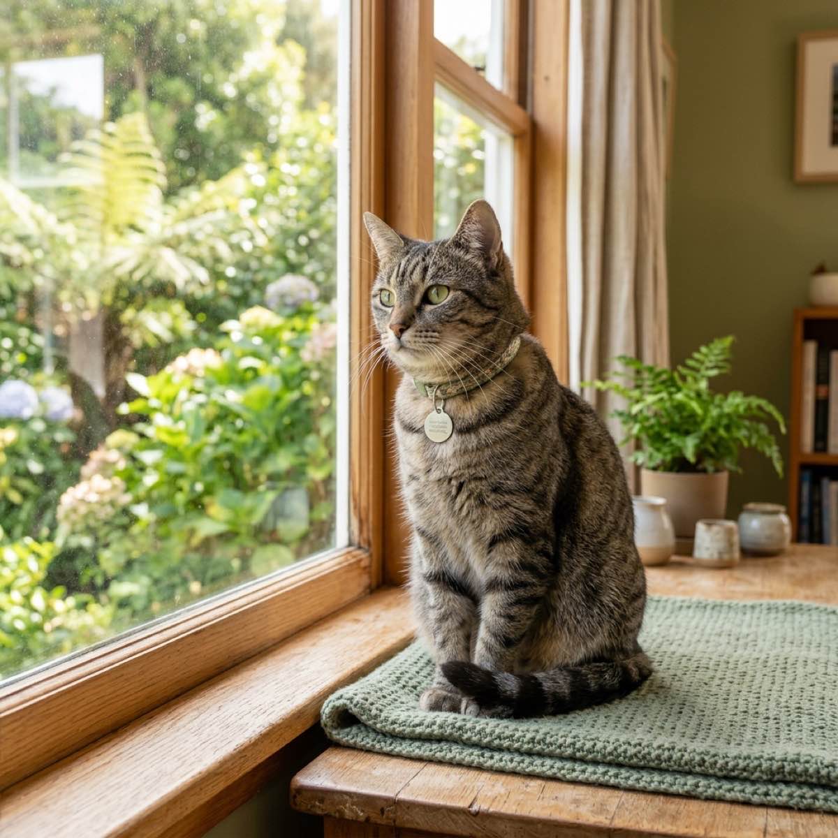 A domestic cat sitting near a window with a microchip tag on its collar in a New Zealand home