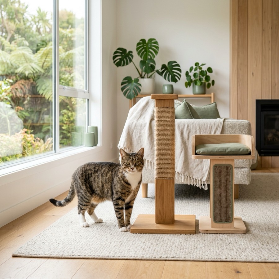 An elegant tabby cat standing near a sisal scratching post and wooden cat tree in a bright living room