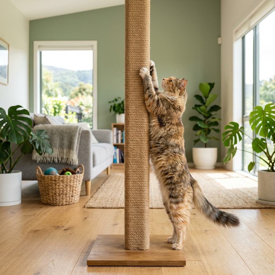 A cat using a sturdy sisal scratching post in a bright modern New Zealand home