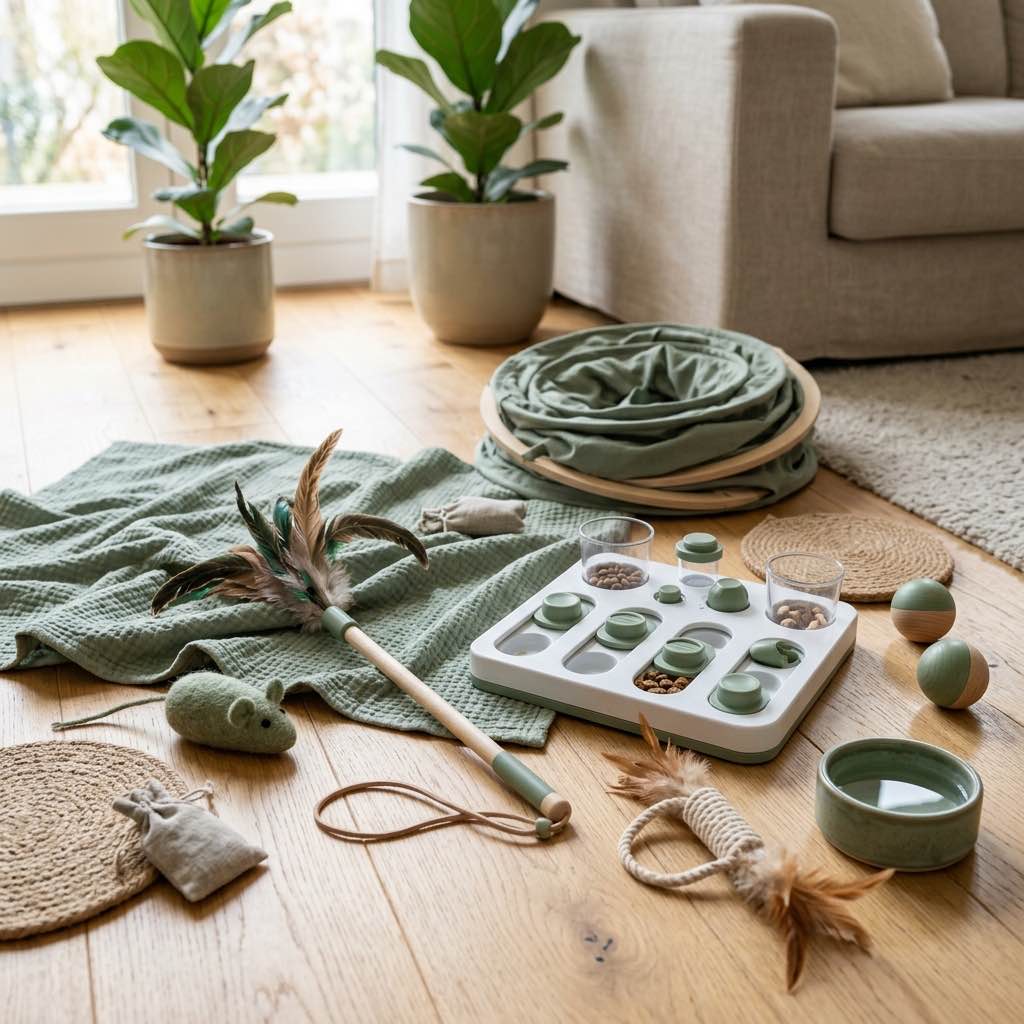 A beautifully arranged collection of modern interactive cat toys on a light wooden floor