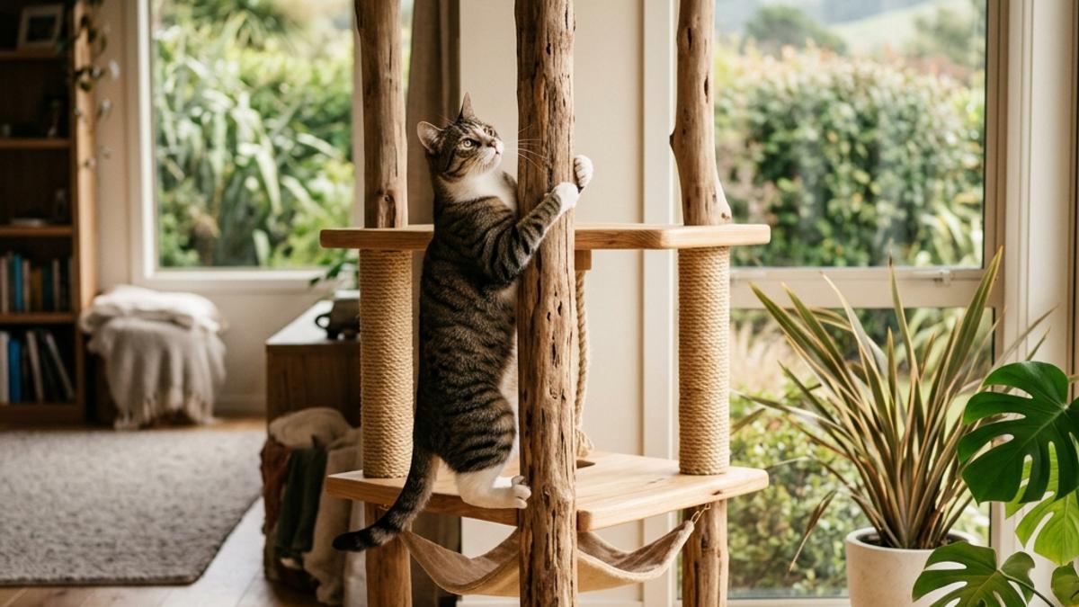 A happy cat climbing on a beautiful wooden cat tree inside a New Zealand home