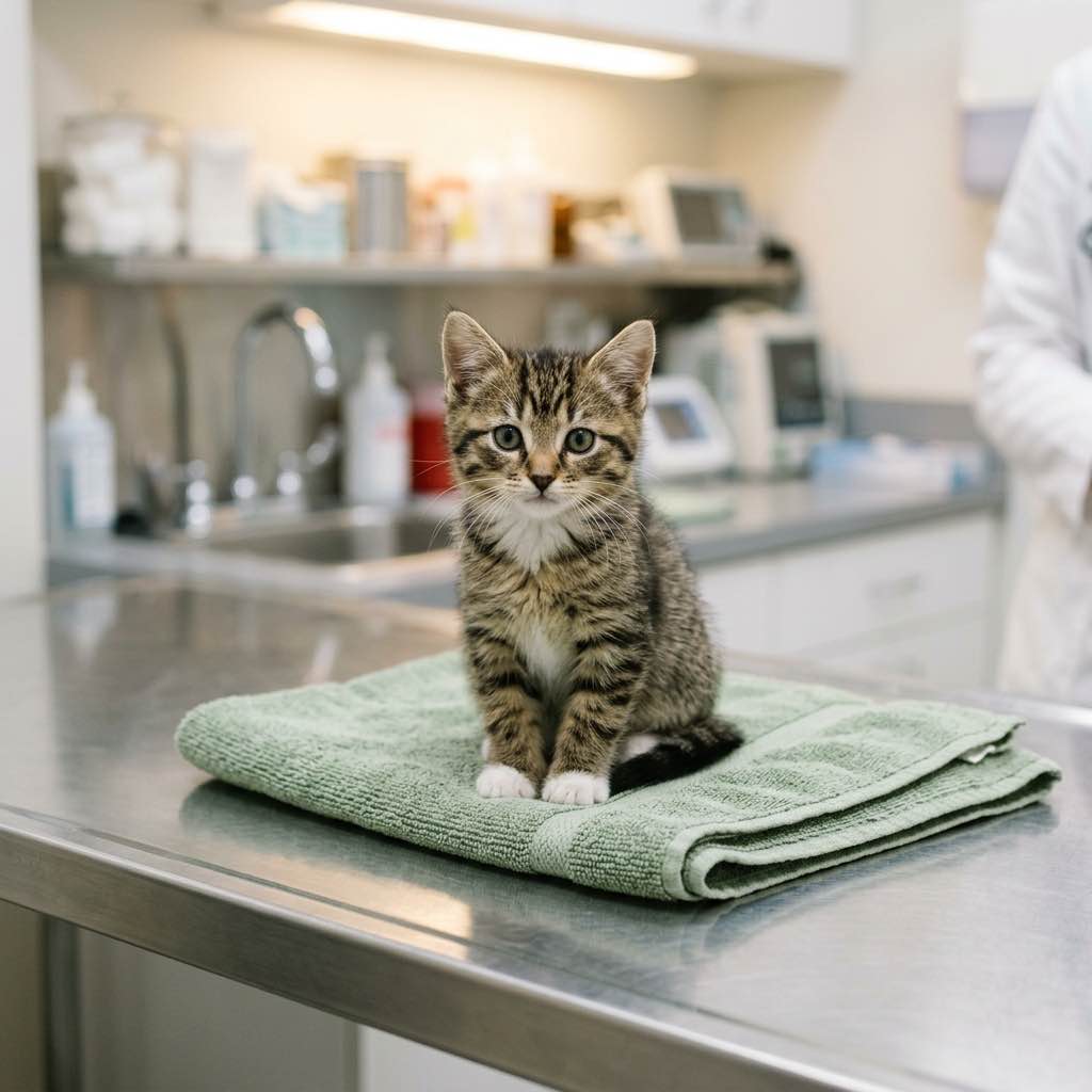 A calm kitten sitting on a clean stainless steel veterinary exam table