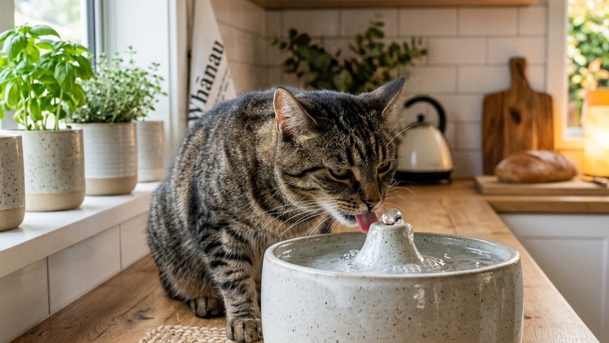 A tabby cat drinking fresh water from a bubbling ceramic pet water fountain on a wooden kitchen counter