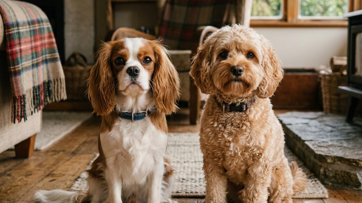 A Cavalier King Charles Spaniel and a Cavoodle sitting on a wooden floor in a New Zealand living room