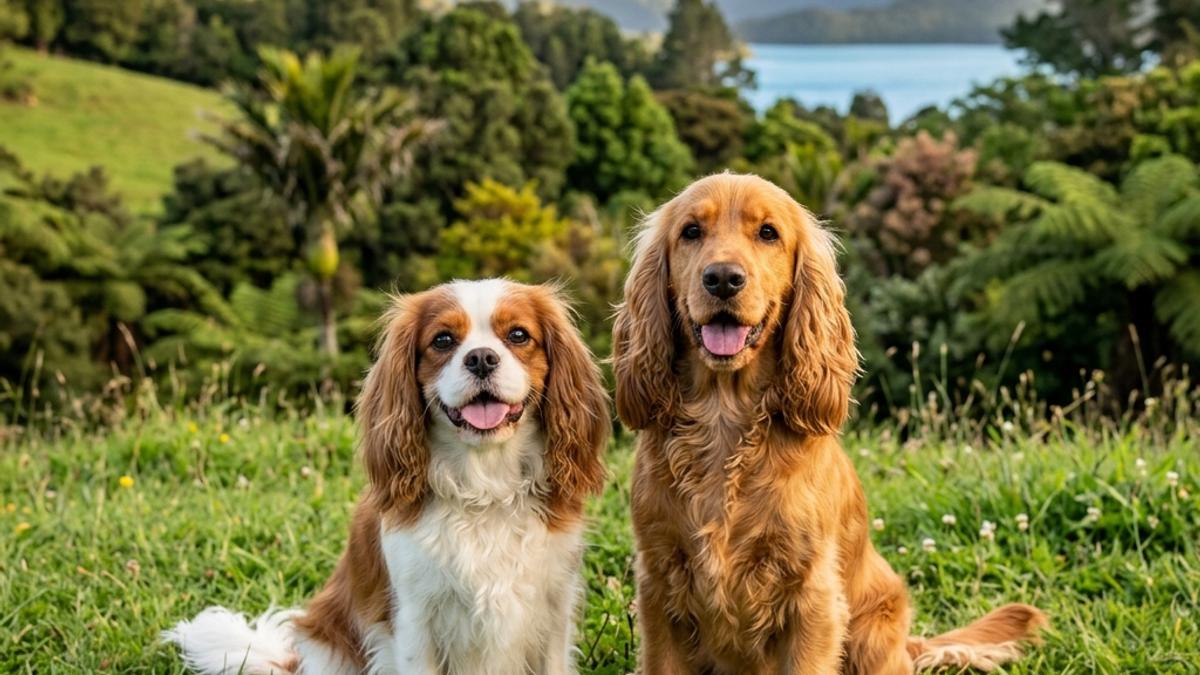 A happy Cavalier King Charles Spaniel and a Cocker Spaniel sitting together in a New Zealand park, illustrating the breed comparison guide