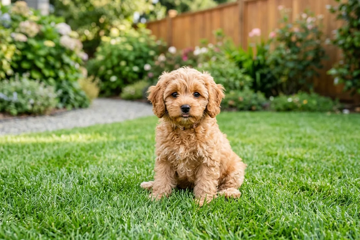 A fluffy apricot Cavoodle puppy sitting attentively on a green garden lawn in a residential backyard