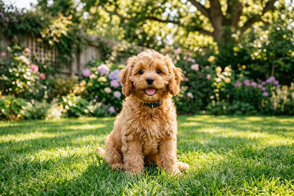 A fluffy apricot Cavoodle puppy with a soft wavy fleece coat sitting happily on a green lawn in a sunny garden