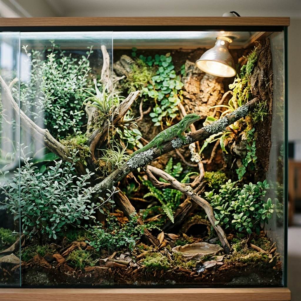 A beautifully planted reptile habitat with lush foliage and warm basking light