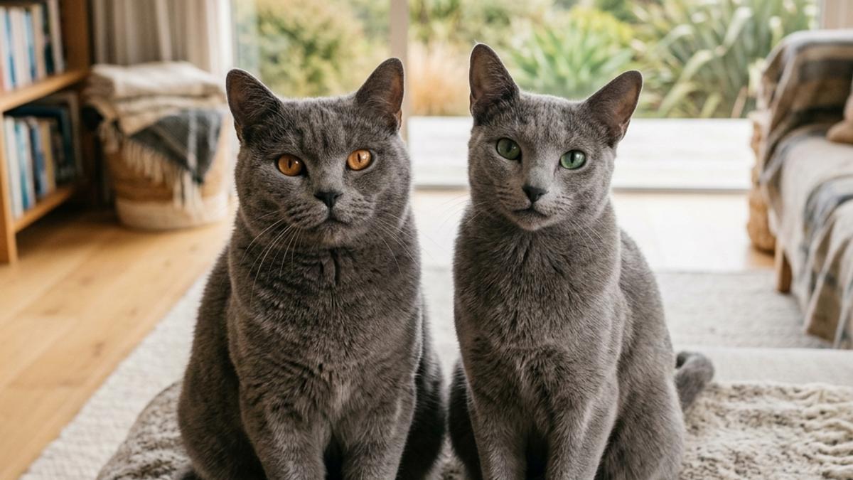 A happy Chartreux cat and a Russian Blue cat side by side inside a New Zealand home