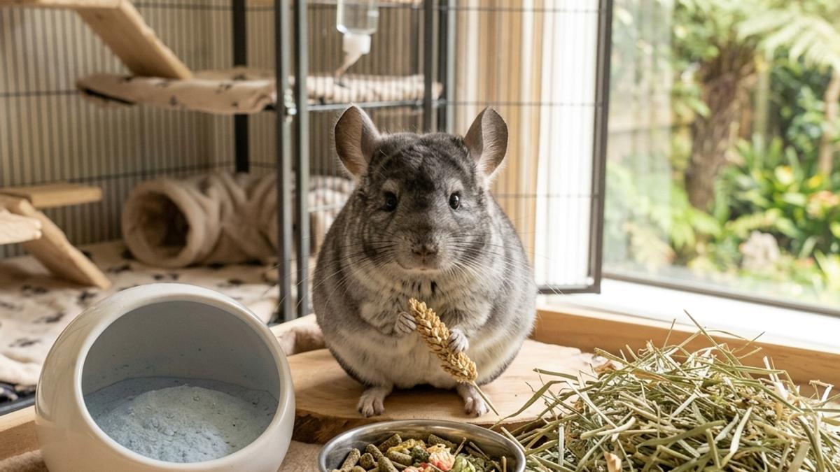 A happy chinchilla in a New Zealand indoor cage setting with food and dust bath
