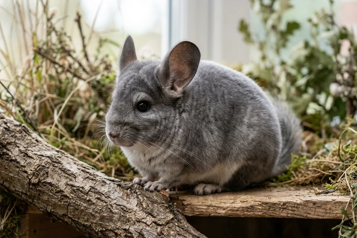 A soft grey domestic chinchilla perched alertly on a natural untreated wooden branch ledge inside a clean enclosure