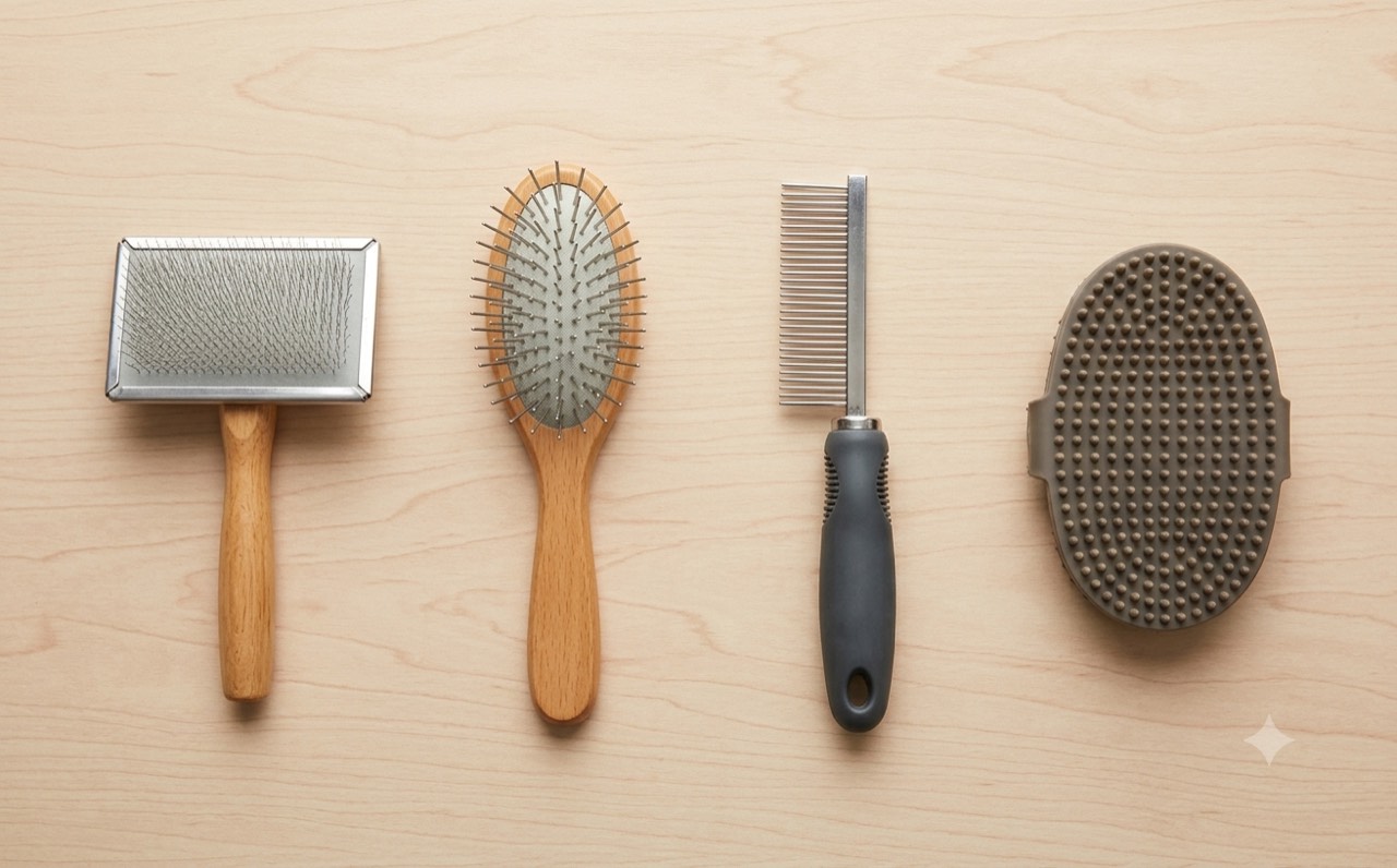 Four dog grooming brush types laid out: slicker, pin, comb and rubber curry