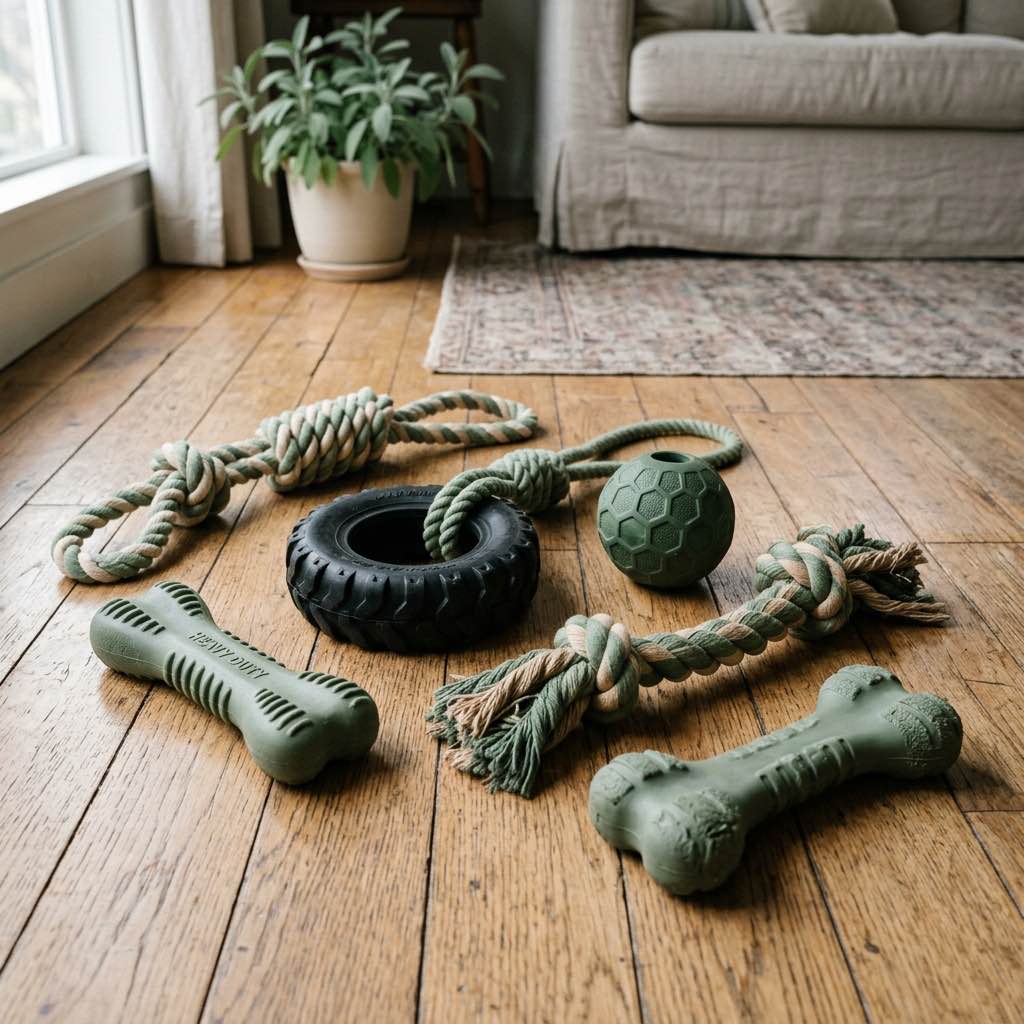 A neat arrangement of highly durable rubber and rope dog toys for heavy chewers on a clean wooden floor
