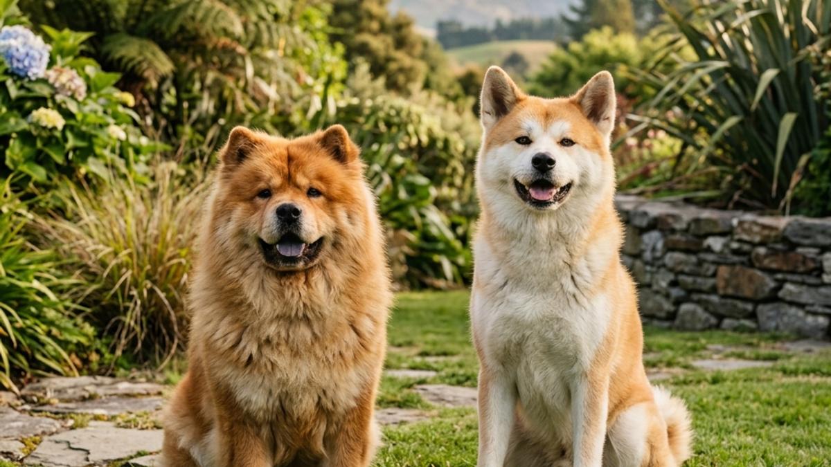 A happy Chow Chow and a Japanese Akita side by side in a New Zealand garden environment