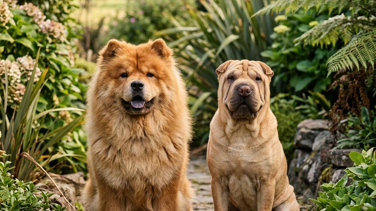A happy Chow Chow and a Chinese Shar-Pei side by side in a New Zealand outdoor setting