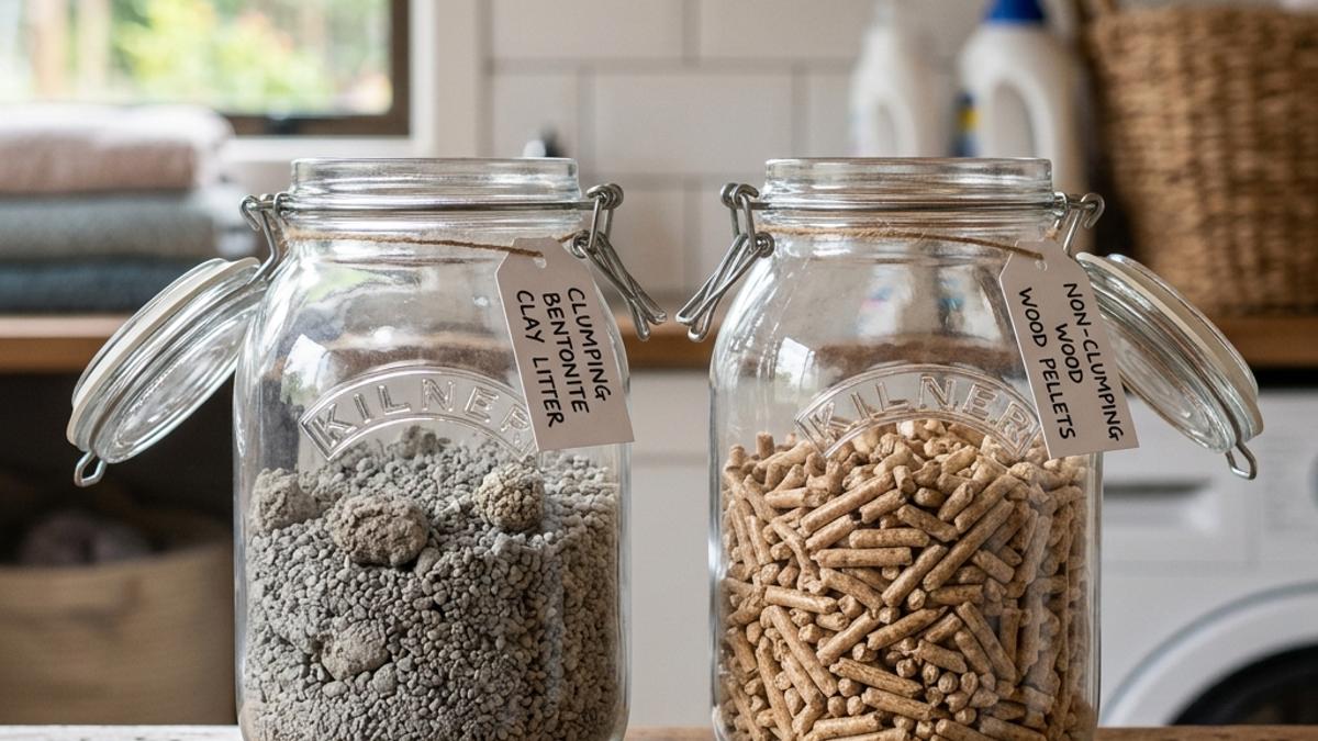 Two glass jars side-by-side on a wooden shelf comparing clumping bentonite clay litter with non-clumping wood pellets