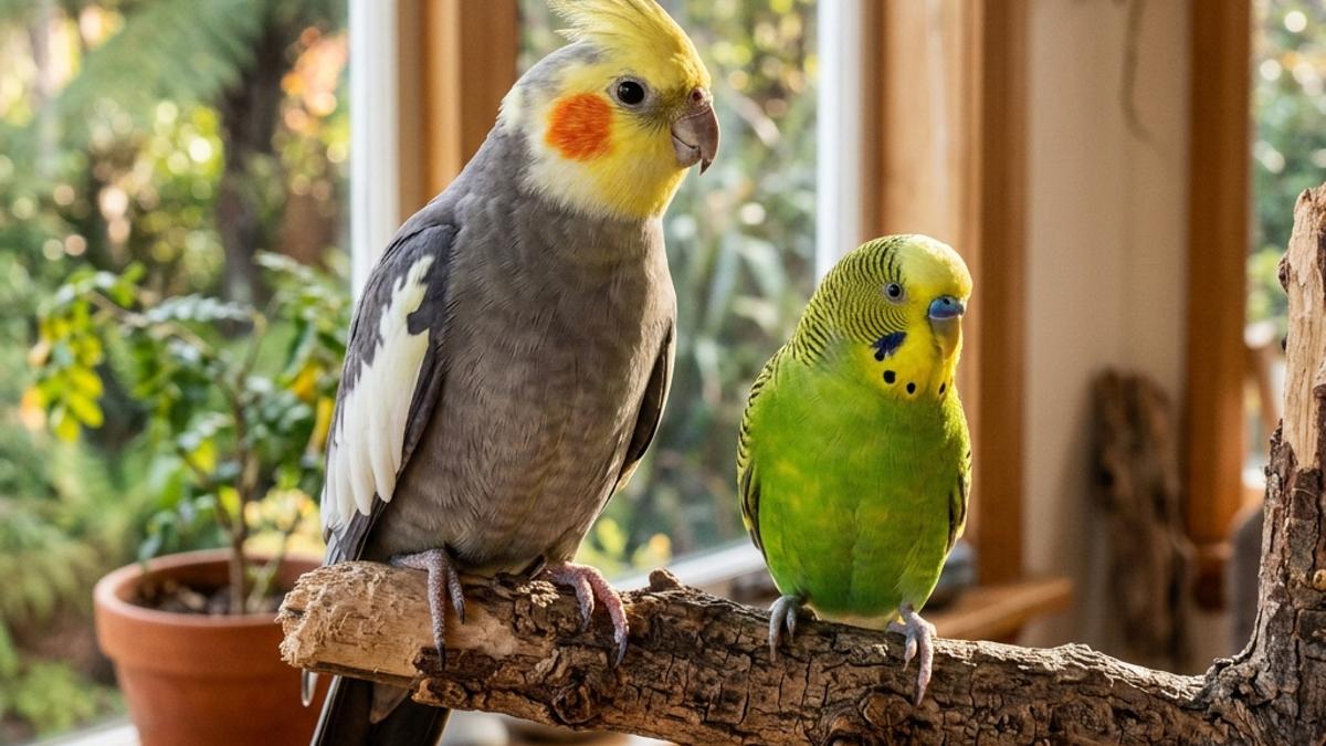 A yellow-crested cockatiel and a small green budgerigar sitting side-by-side on a natural wooden branch in a Kiwi home