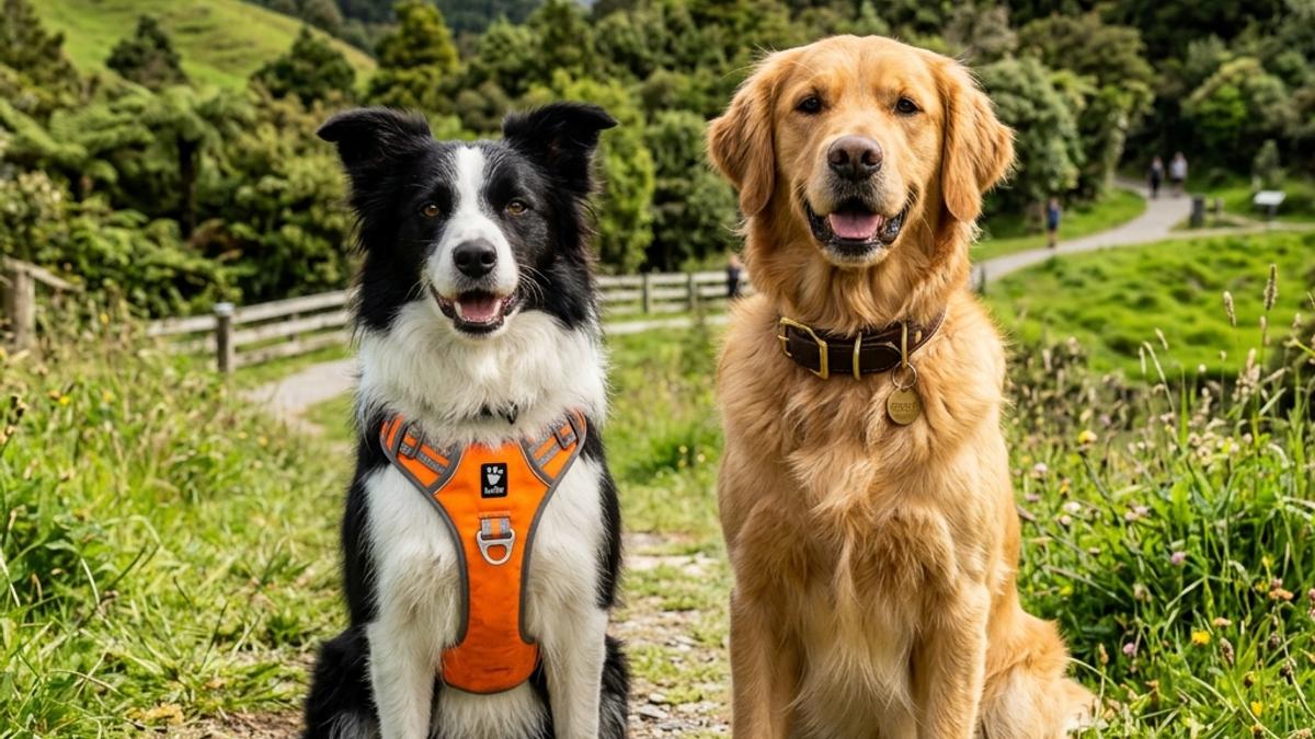 Two dogs sitting side-by-side in a New Zealand park, one wearing an orange harness and the other a leather collar