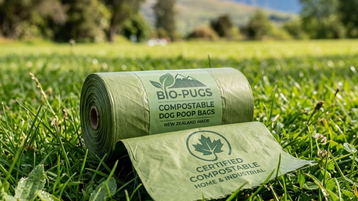 A roll of green certified compostable dog poop bags on green park grass with a leaf logo