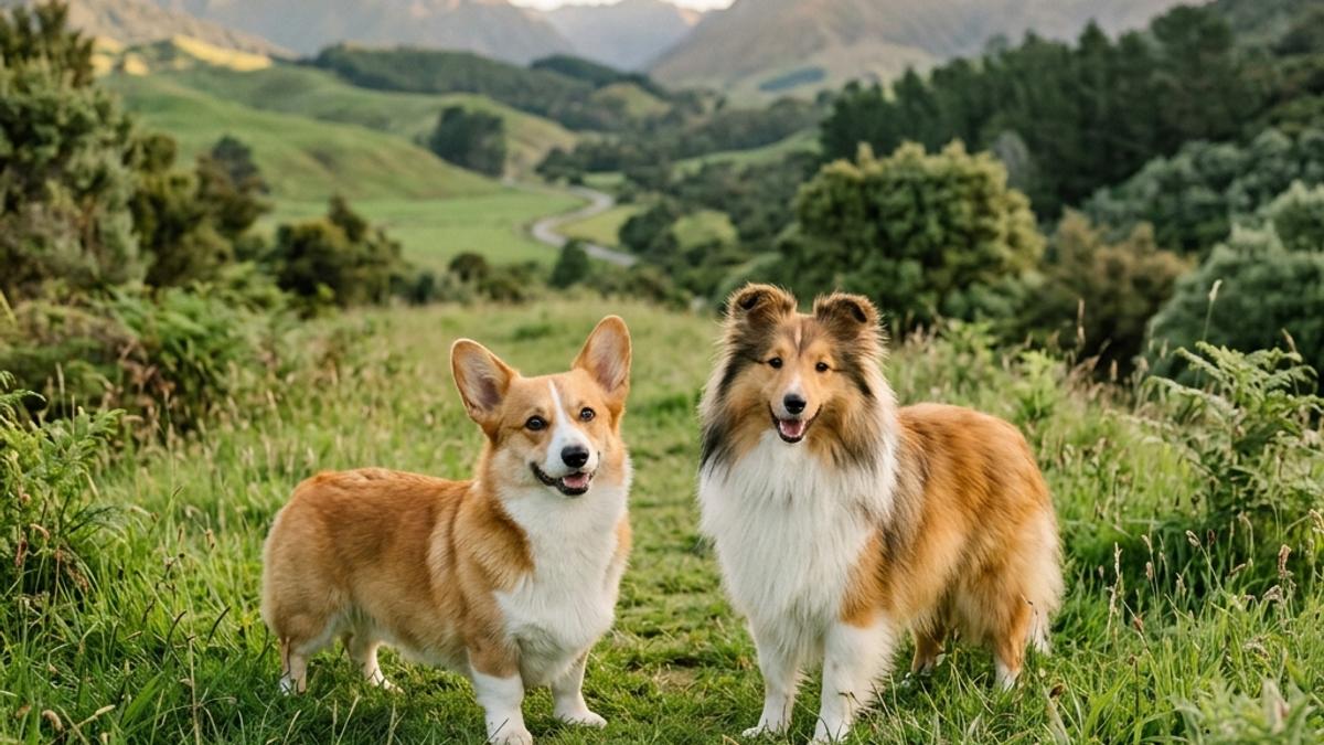 A happy Pembroke Welsh Corgi and a Shetland Sheepdog standing side-by-side in a beautiful New Zealand grassy park