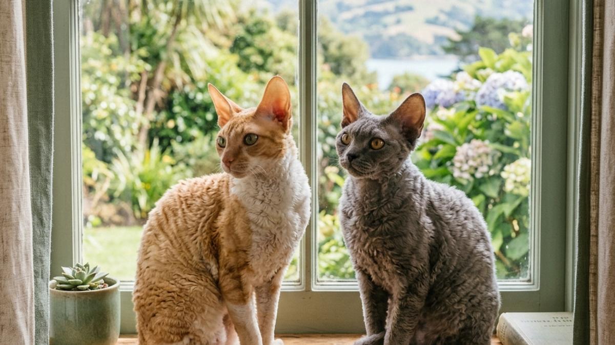 A curly-coated Cornish Rex cat and a Devon Rex cat sitting side-by-side on a warm, sunny windowsill in a New Zealand home