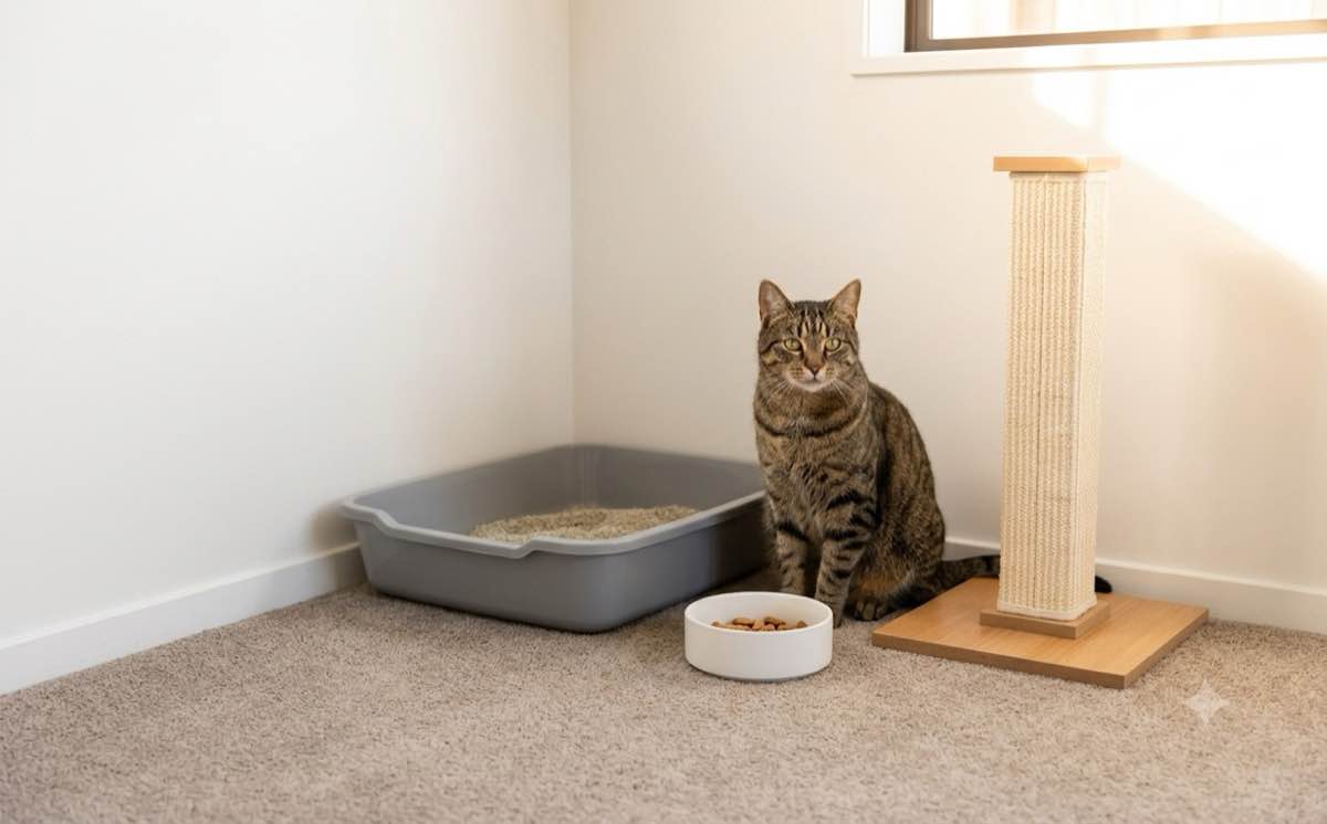 A cat beside a litter tray, food bowl and scratching post in a New Zealand home