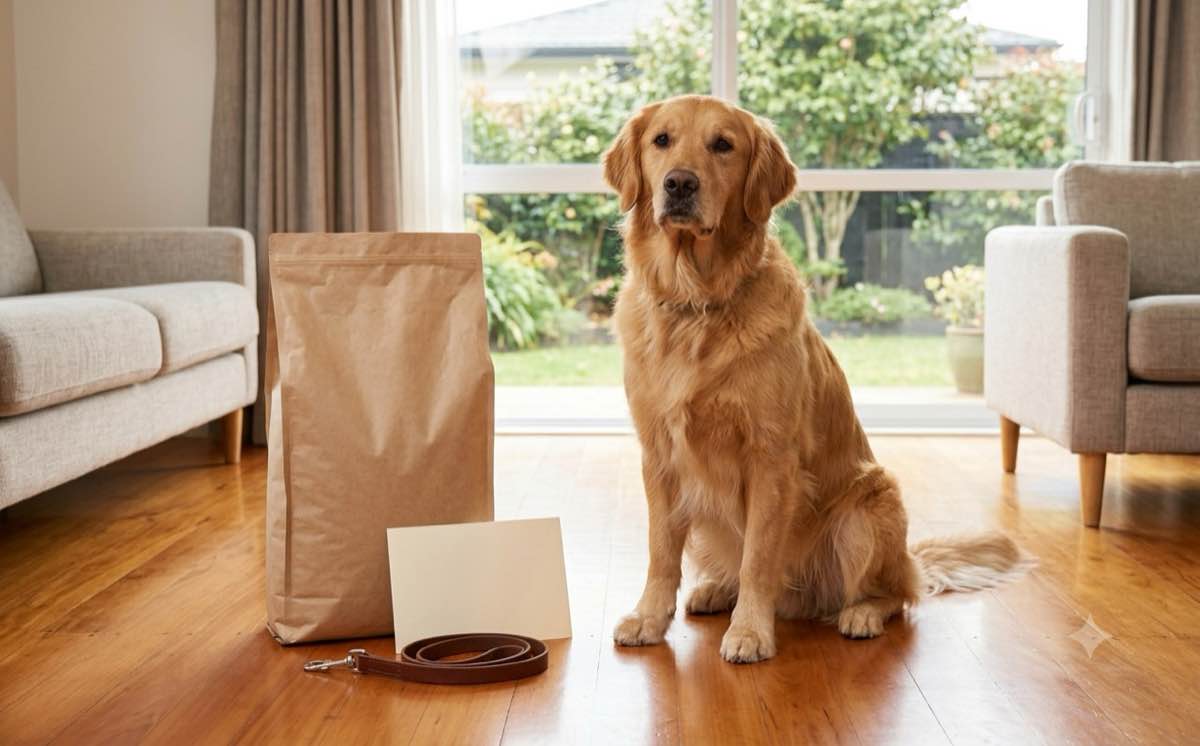 A dog sitting in a New Zealand living room beside a bag of food, a lead and paperwork
