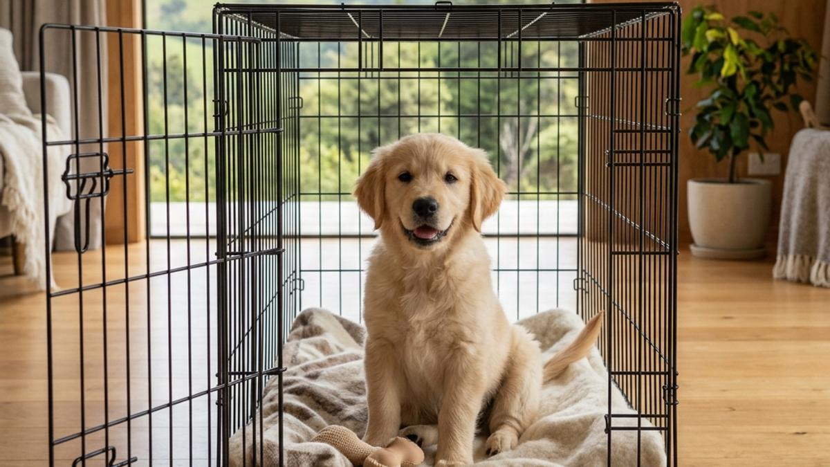 A happy puppy in a New Zealand setting, illustrating crate training a puppy: a calm nz step