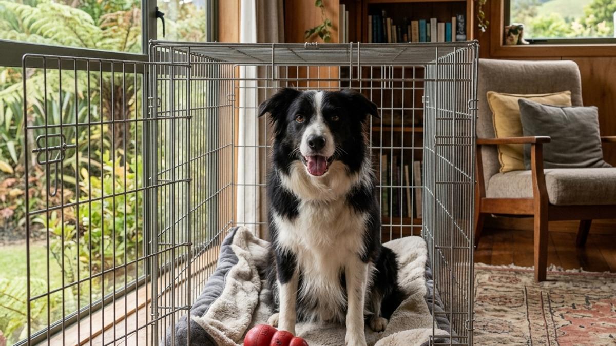 A border collie sitting happily inside an open wire training crate on a wooden floor in a New Zealand home