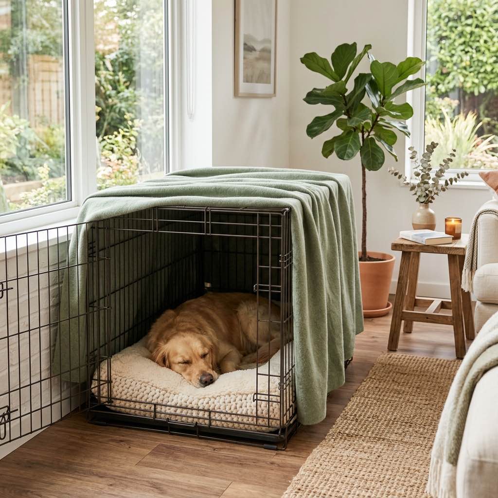 A cozy comfortable dog crate setup with a soft bed inside placed in a bright modern living room corner