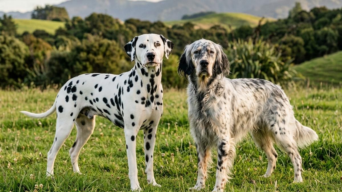 A spotted Dalmatian dog and an elegant English Setter standing side-by-side on a grassy field in New Zealand