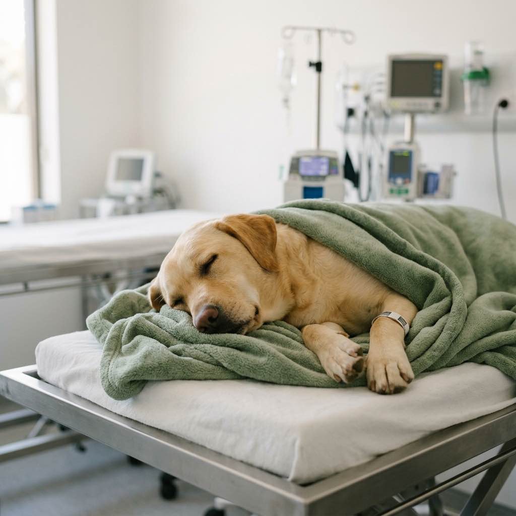 A sleepy dog resting comfortably with a soft blanket on a vet clinic recovery bed