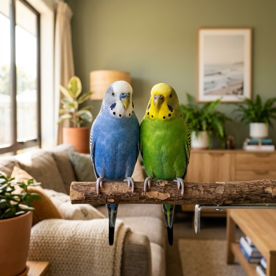 Two beautiful budgies standing close together on a wooden perch in a warm modern Kiwi home