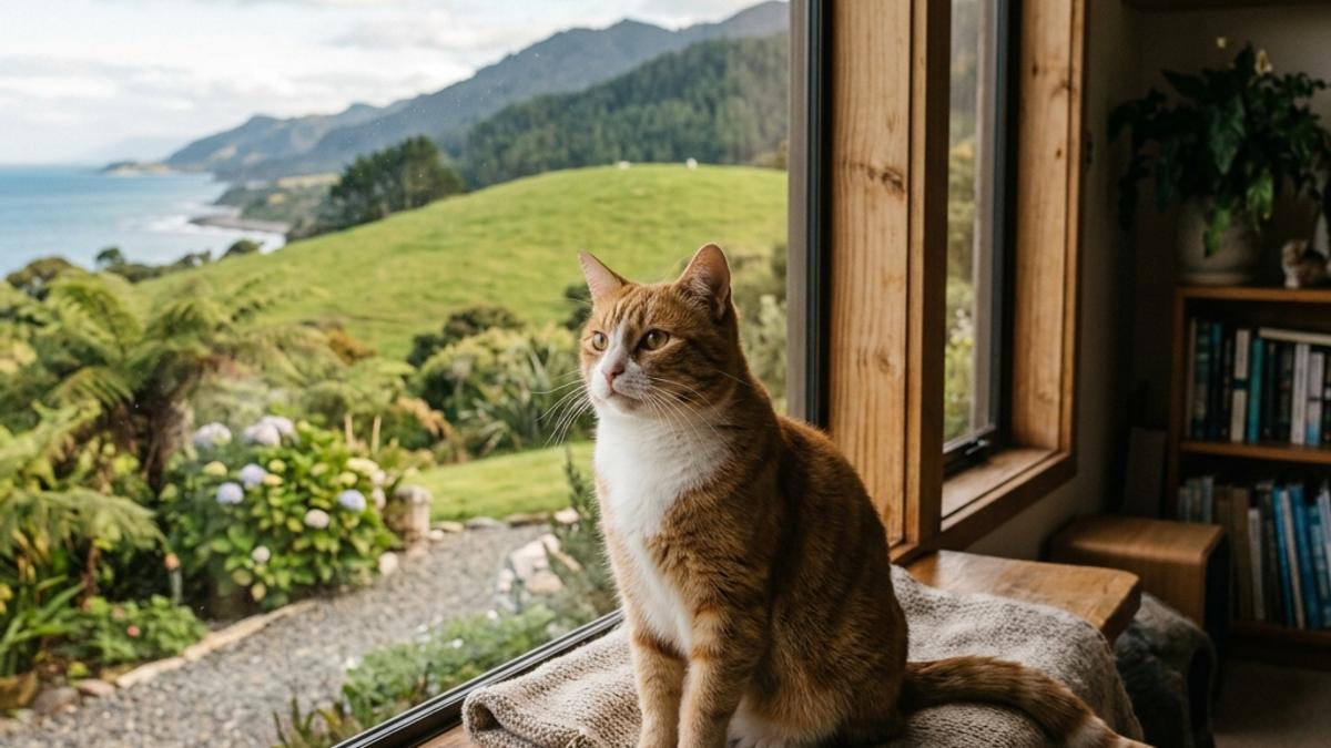 A happy cat sitting on a blanket looking out of a large window with a scenic New Zealand background